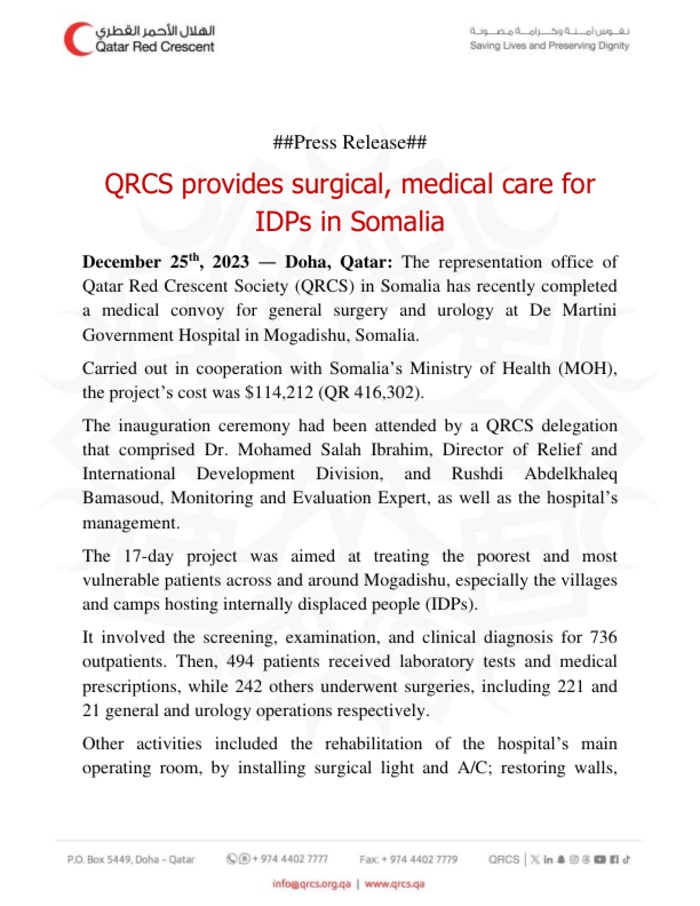 QRCS Provides Surgical, Medical Care for IDPs in Somalia [EN/AR]